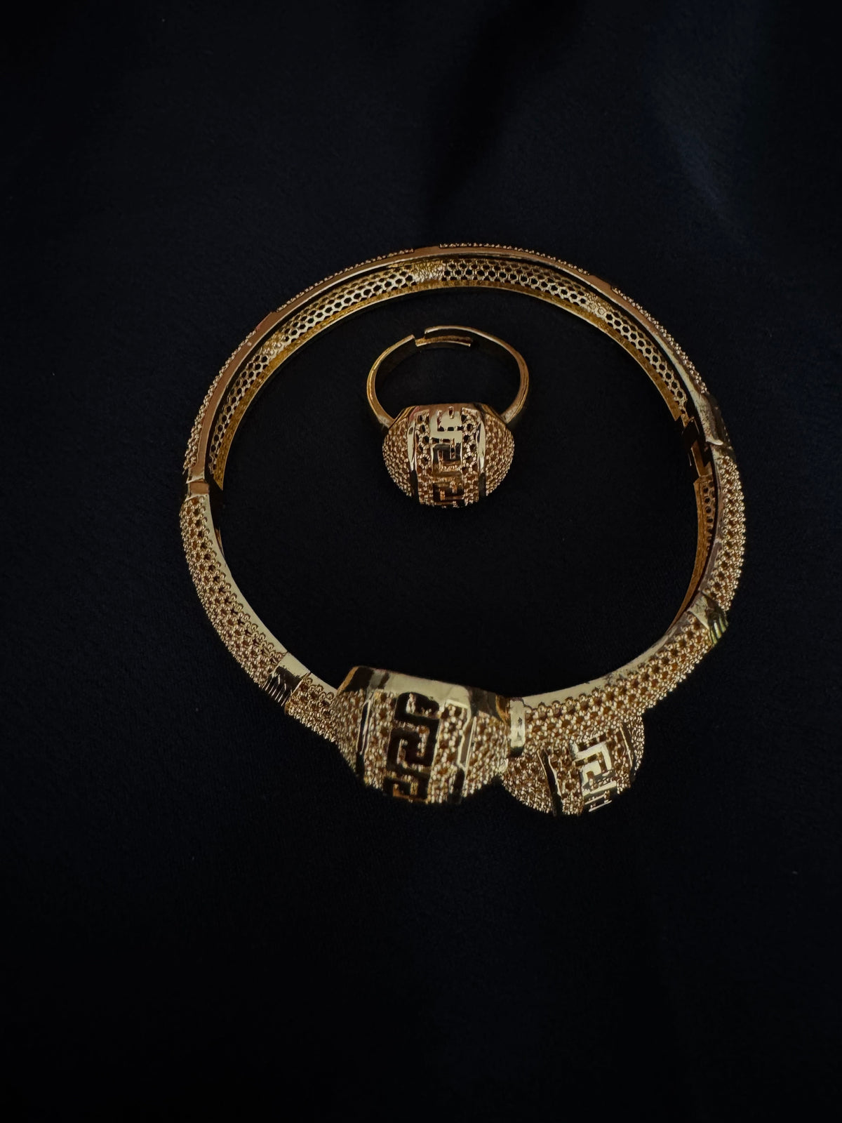 Greek Key Mesh Bangle Bracelet & Ring Set – 2 Piece
