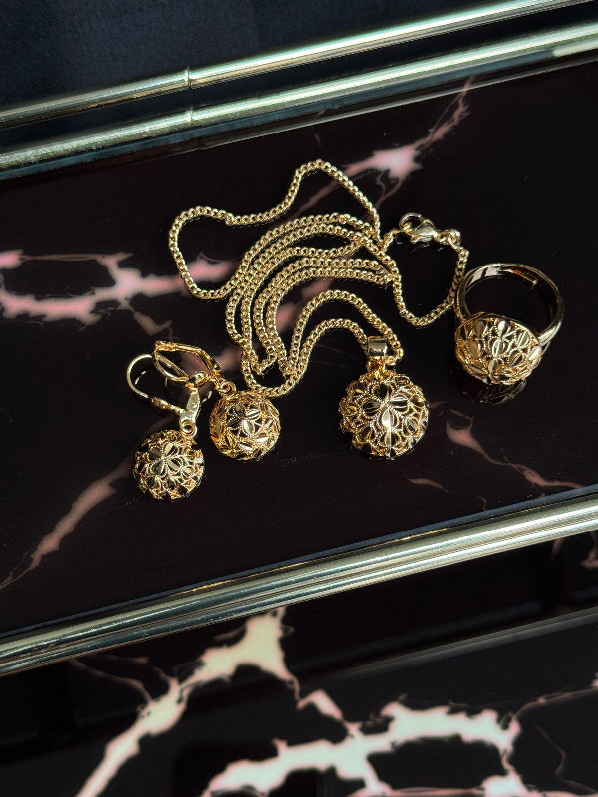 Ball Drop Gold Jewelry Set (Necklace, Earrings & Ring)