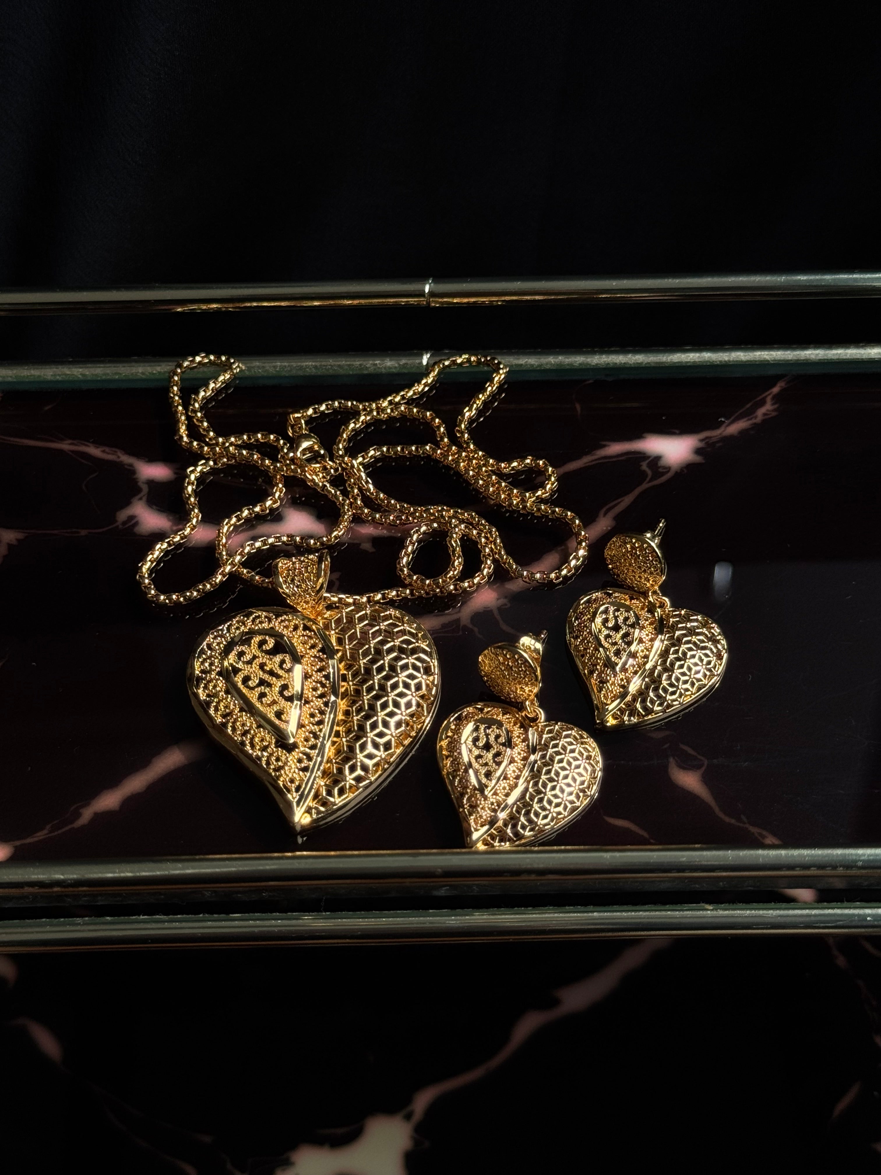 Layered Heart Pendant Set (Necklace & Earrings)