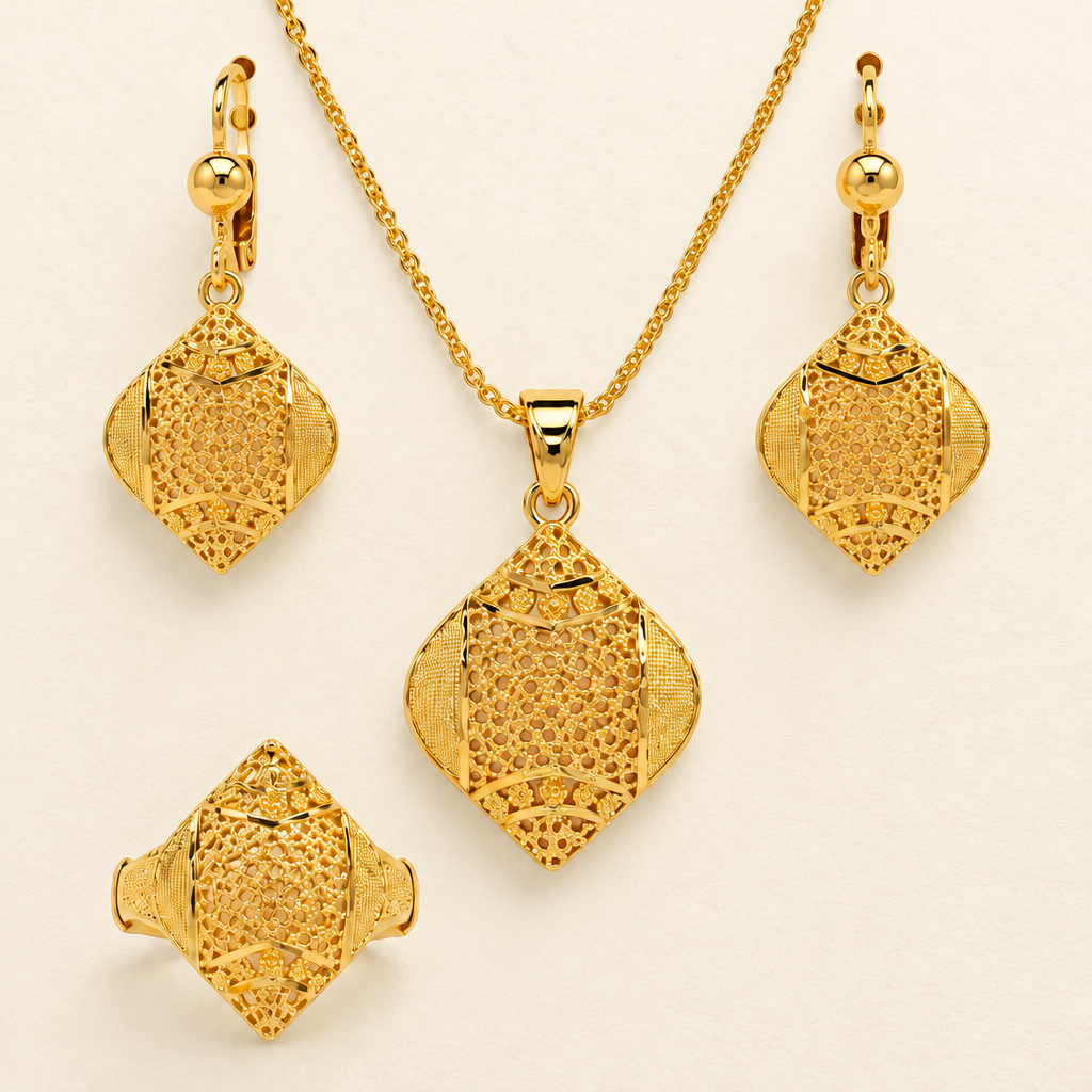 Diamond-Shaped Filigree Gold Jewelry Set (Necklace, Earrings & Ring)