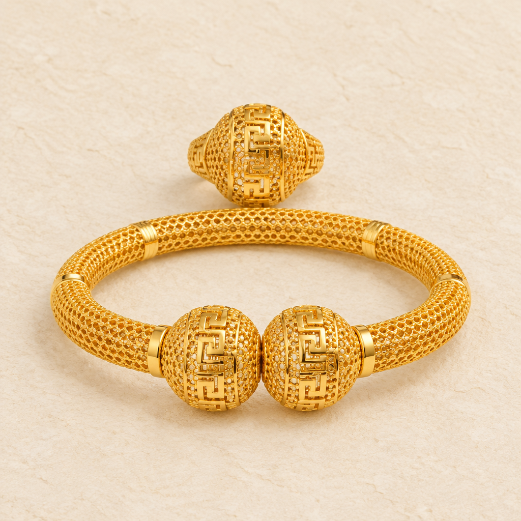 Greek Key Mesh Bangle Bracelet & Ring Set – 2 Piece