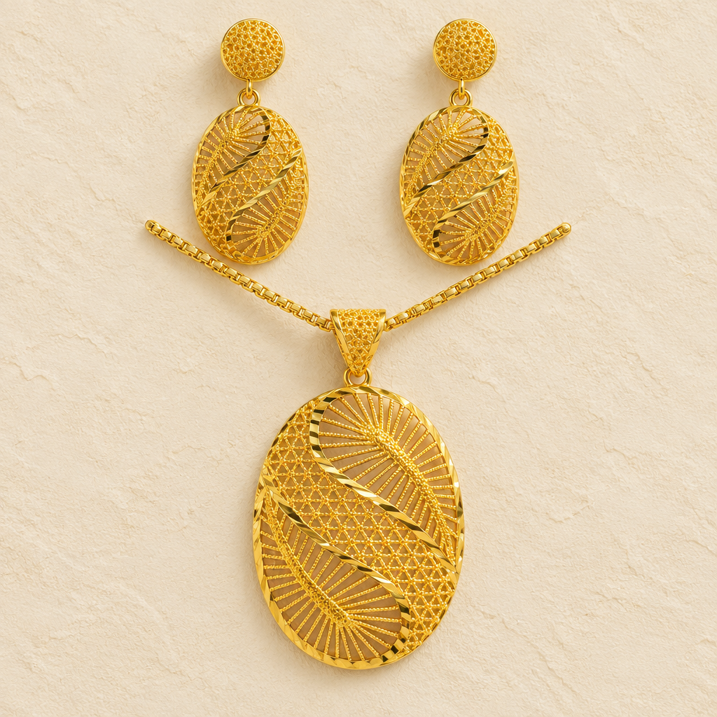 Diamond-Cut Oval Pendant Gold Earrings & Necklace Set
